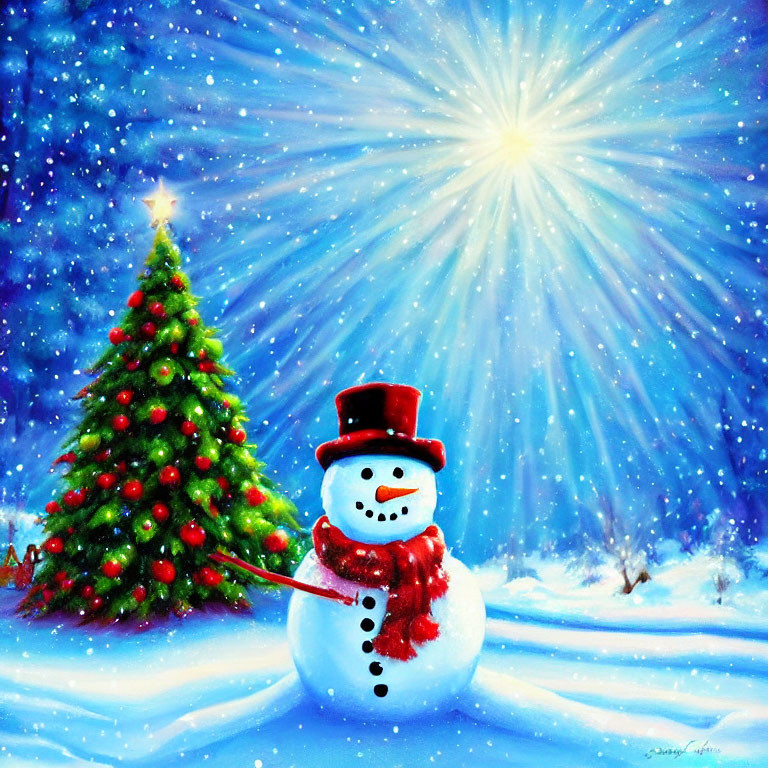 Colorful Snowman Painting with Christmas Tree and Starry Sky