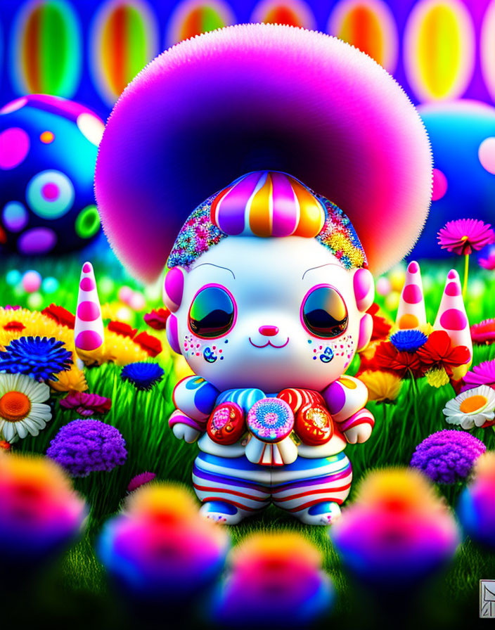 Vibrant digital artwork: stylized character, large eyes, striped clothing, vibrant flowers.