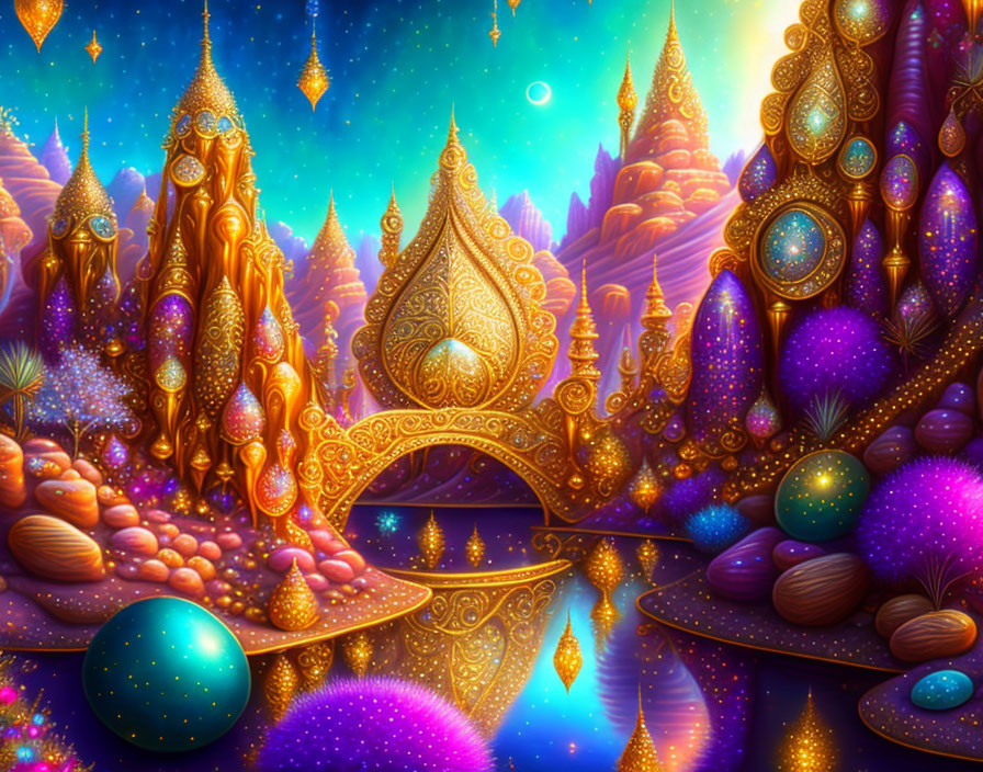 Colorful Fantasy Landscape with Golden-Domed Structures and Reflective Lake