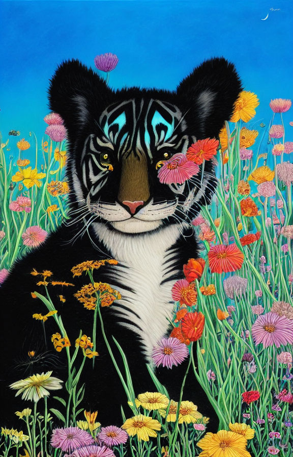 Colorful Tiger Painting Among Blossoming Flowers on Blue Sky