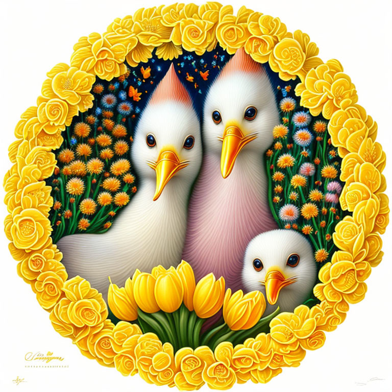 Illustrated chicks in floral circle on floral backdrop