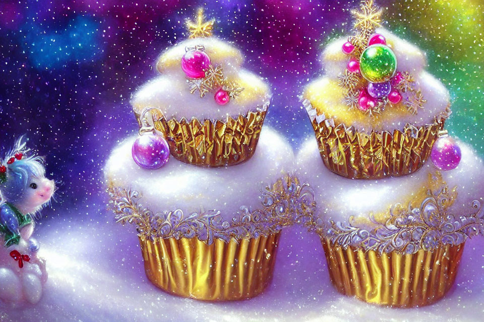 Colorful Ornaments Cupcakes and Cute Creature on Snowy Background