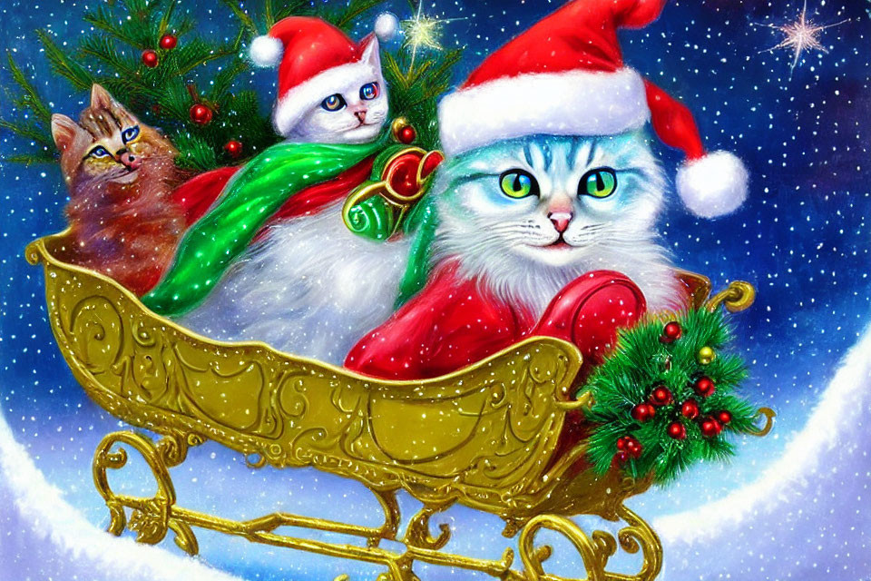 Three Cats in Golden Sleigh with Christmas Hats in Snowy Scene