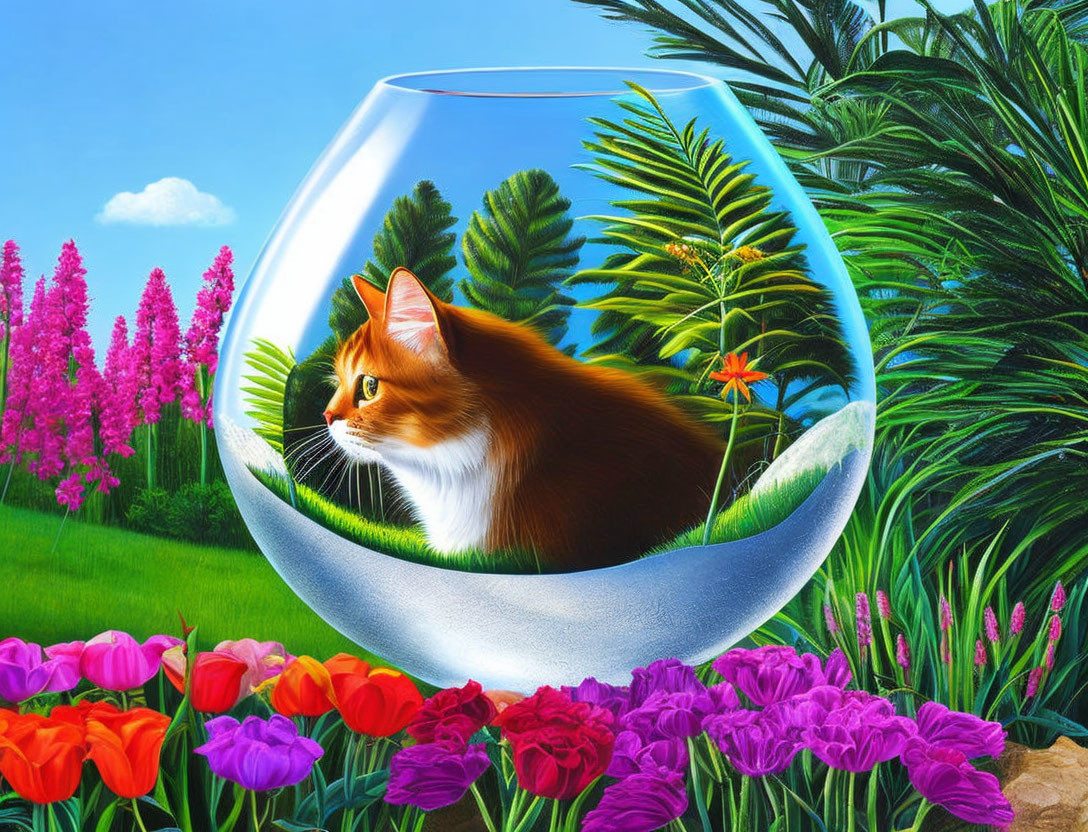 Cat in fishbowl surrounded by tulips and tropical scenery