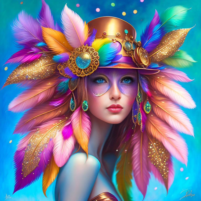 Colorful woman with purple eyes in steampunk hat illustration