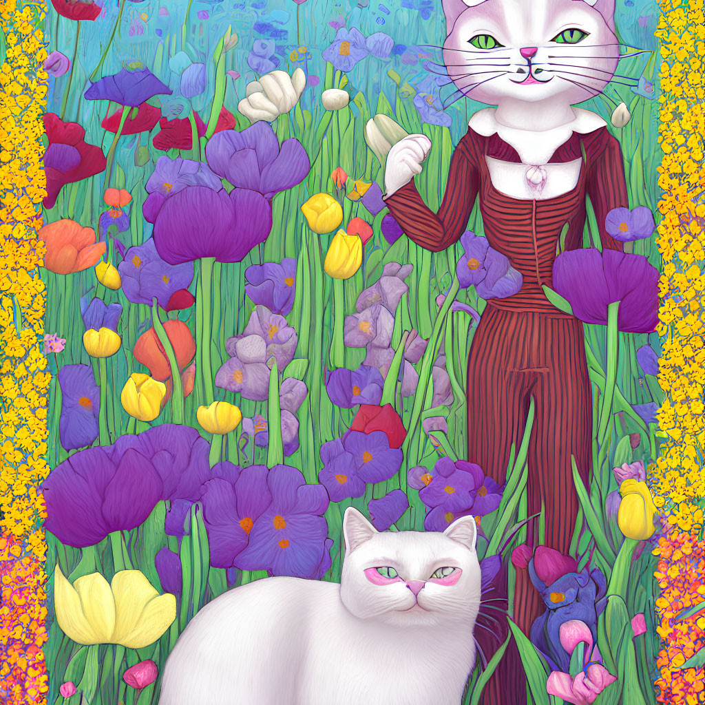 Elegant anthropomorphic cat with cane among colorful flowers