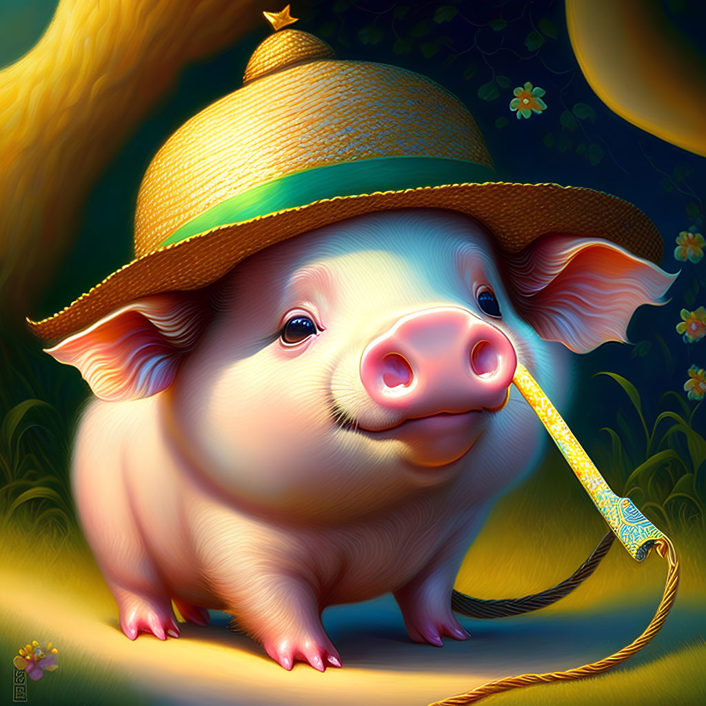 Whimsical piglet with straw hat in vibrant garden landscape