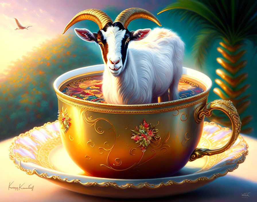 Goat in ornate golden teacup with floral decorations in serene dusk-lit setting