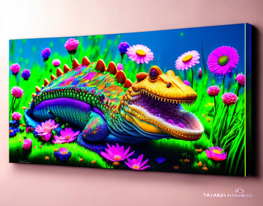 Colorful Fantastical Crocodile Creature Among Flowers Artwork