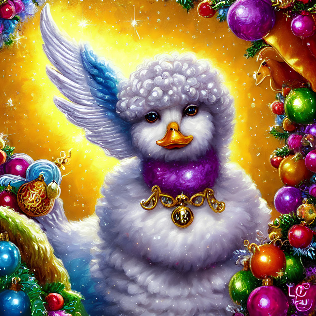 Fluffy white duck with purple scarf and majestic wing in festive setting