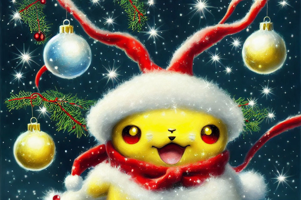 Festive Pikachu illustration with red scarf and Santa hat surrounded by Christmas ornaments and snowflakes