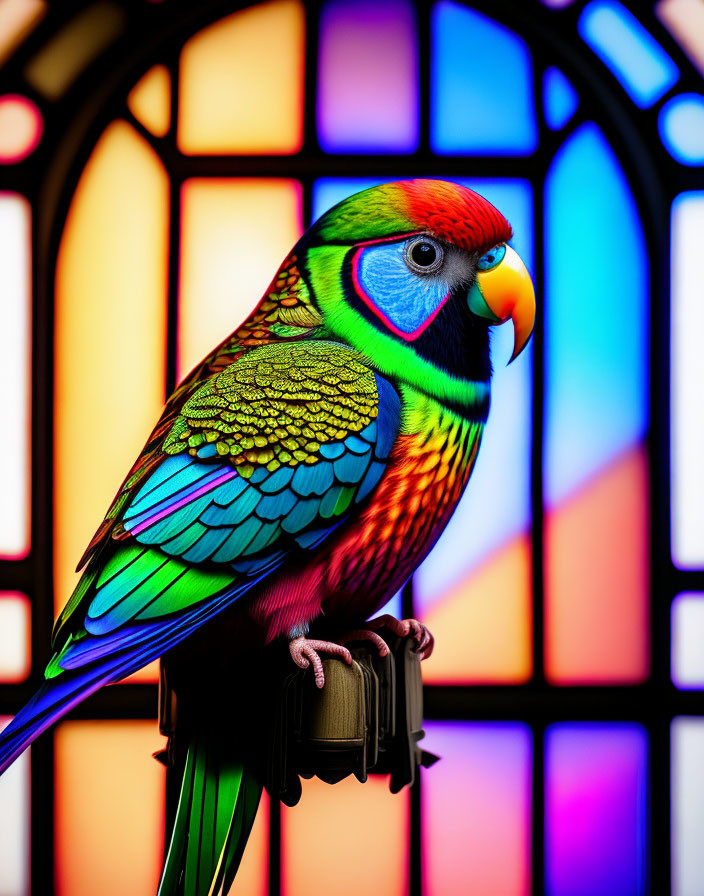 Vibrant Parrot Perched Against Stained Glass Window