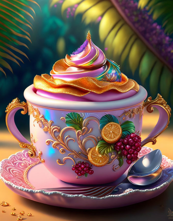 Colorful Whipped Cream Teacup with Citrus and Berries in Lush Setting