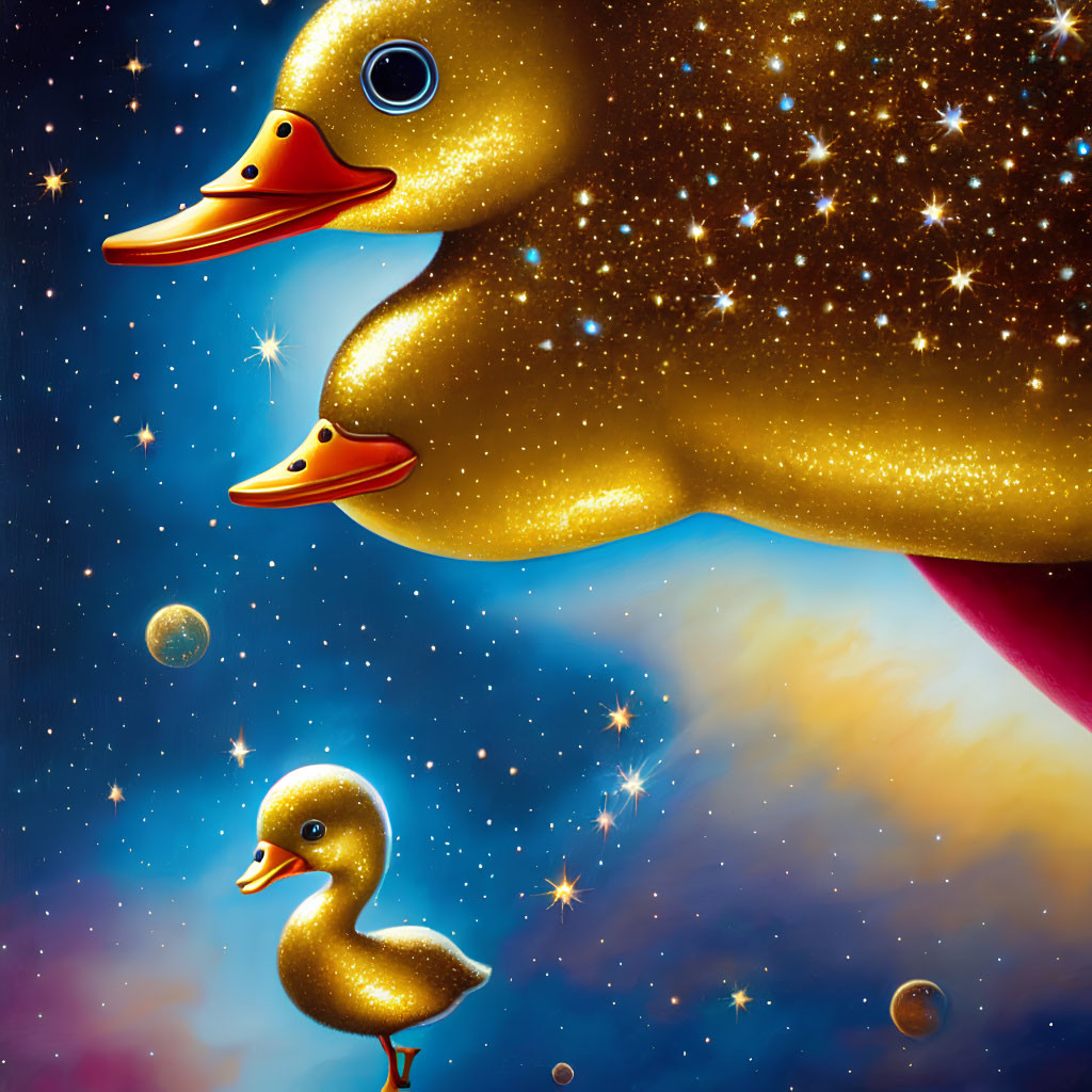 Stylized rubber ducks in whimsical space scene with cosmic backdrop