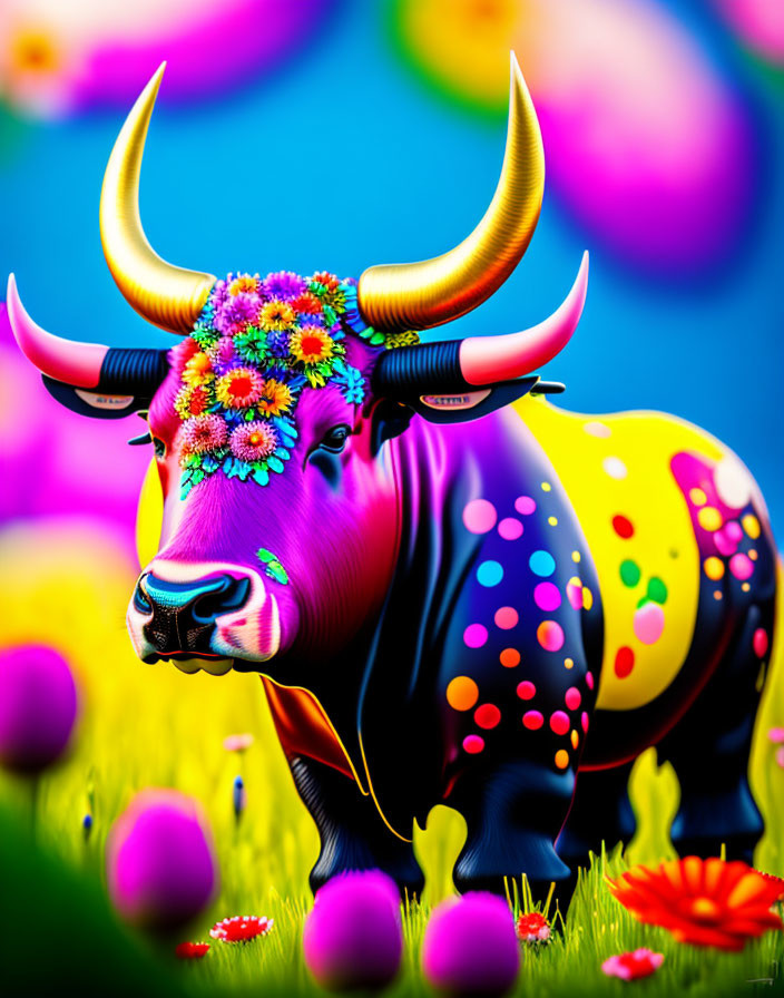 Vibrant digital artwork of a bull with floral patterns and polka dots on abstract background.