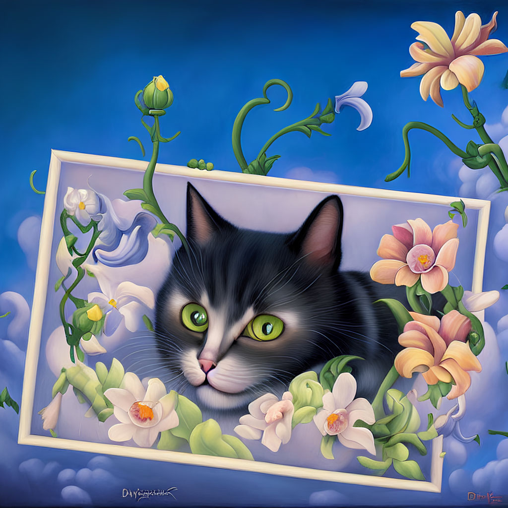 Green-eyed cat framed by flowers and vines on blue background