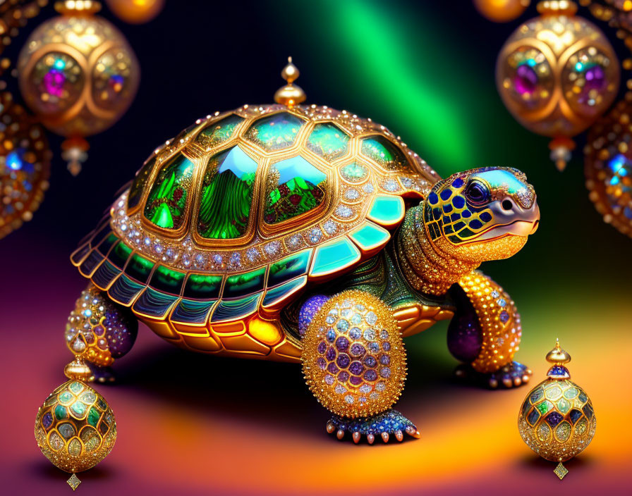 Colorful Ornate Turtle with Jewel-Encrusted Shell in Magical Setting