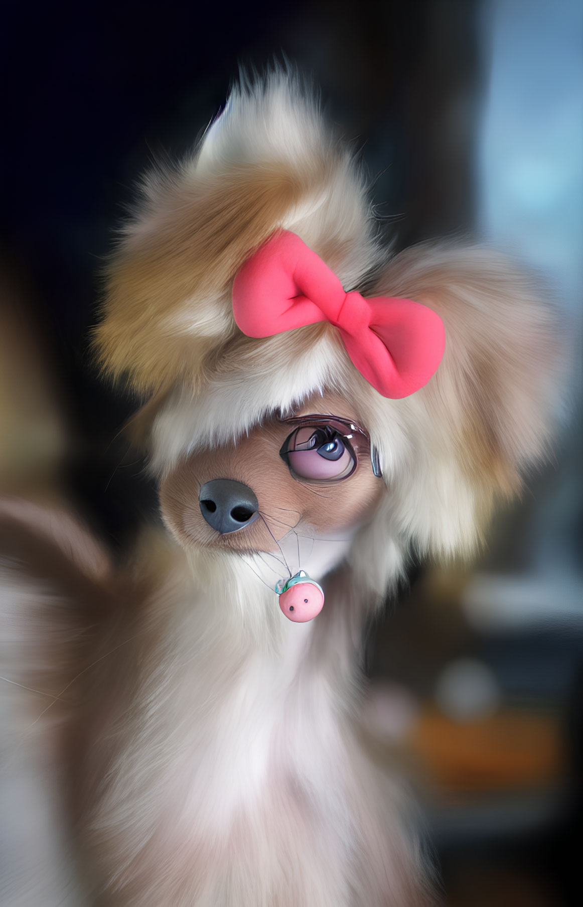 Stylized anthropomorphic dog with large eyes and pacifier, against blurred background