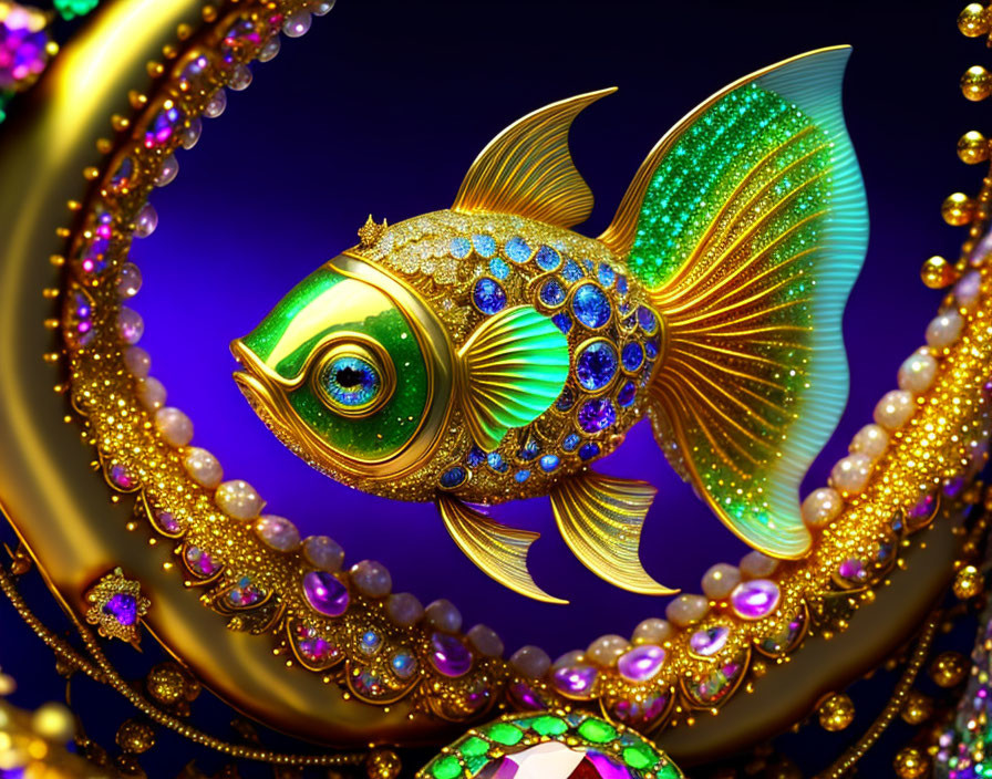 Ornate goldfish illustration with jeweled adornments on luxurious background