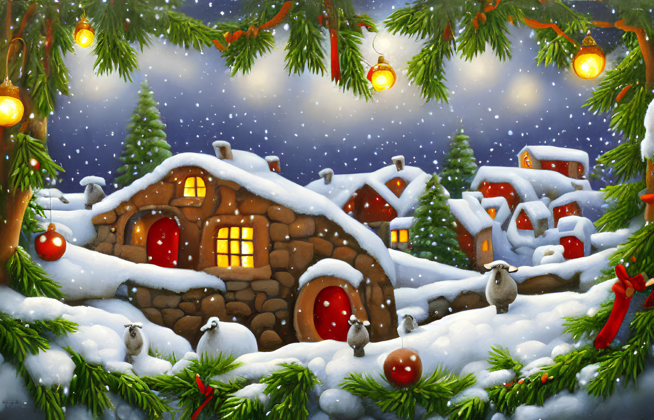 Winter Scene: Snowy Cottages, Pine Trees, Rabbits & Snowflakes