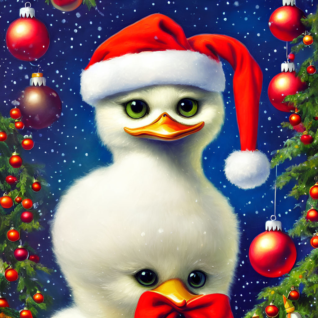 Fluffy duckling in Santa hat with Christmas decorations