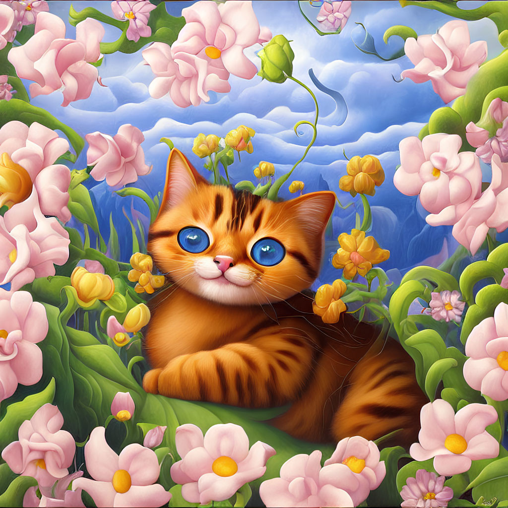 Orange Tabby Cat with Blue Eyes Surrounded by Pink and Yellow Flowers