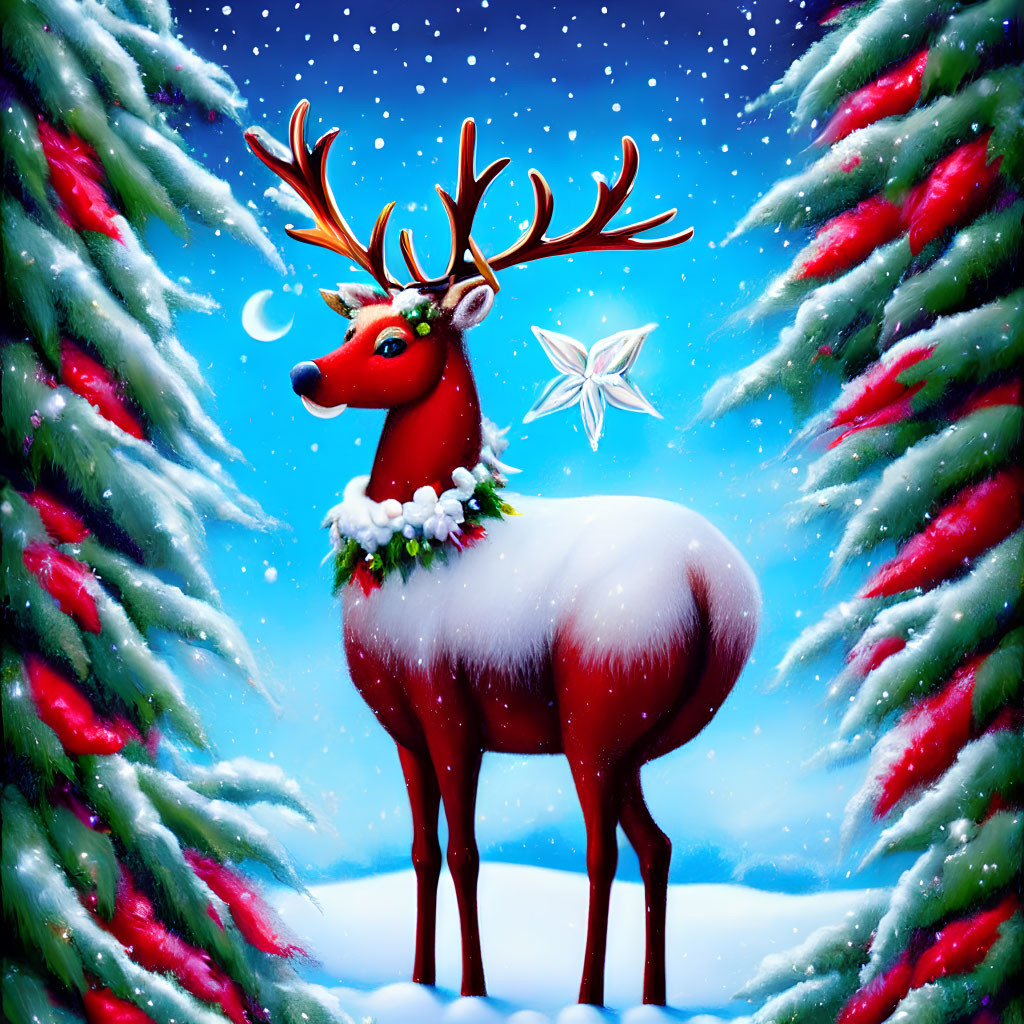 Colorful Reindeer with Garland in Snowy Forest