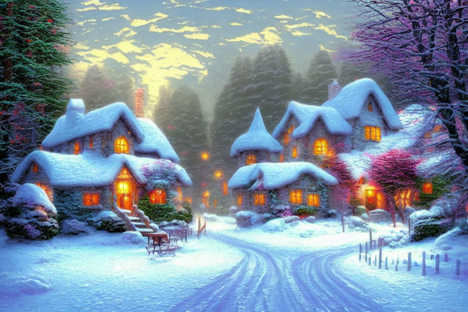 Twilight forest scene: Snow-covered cottages and glowing windows