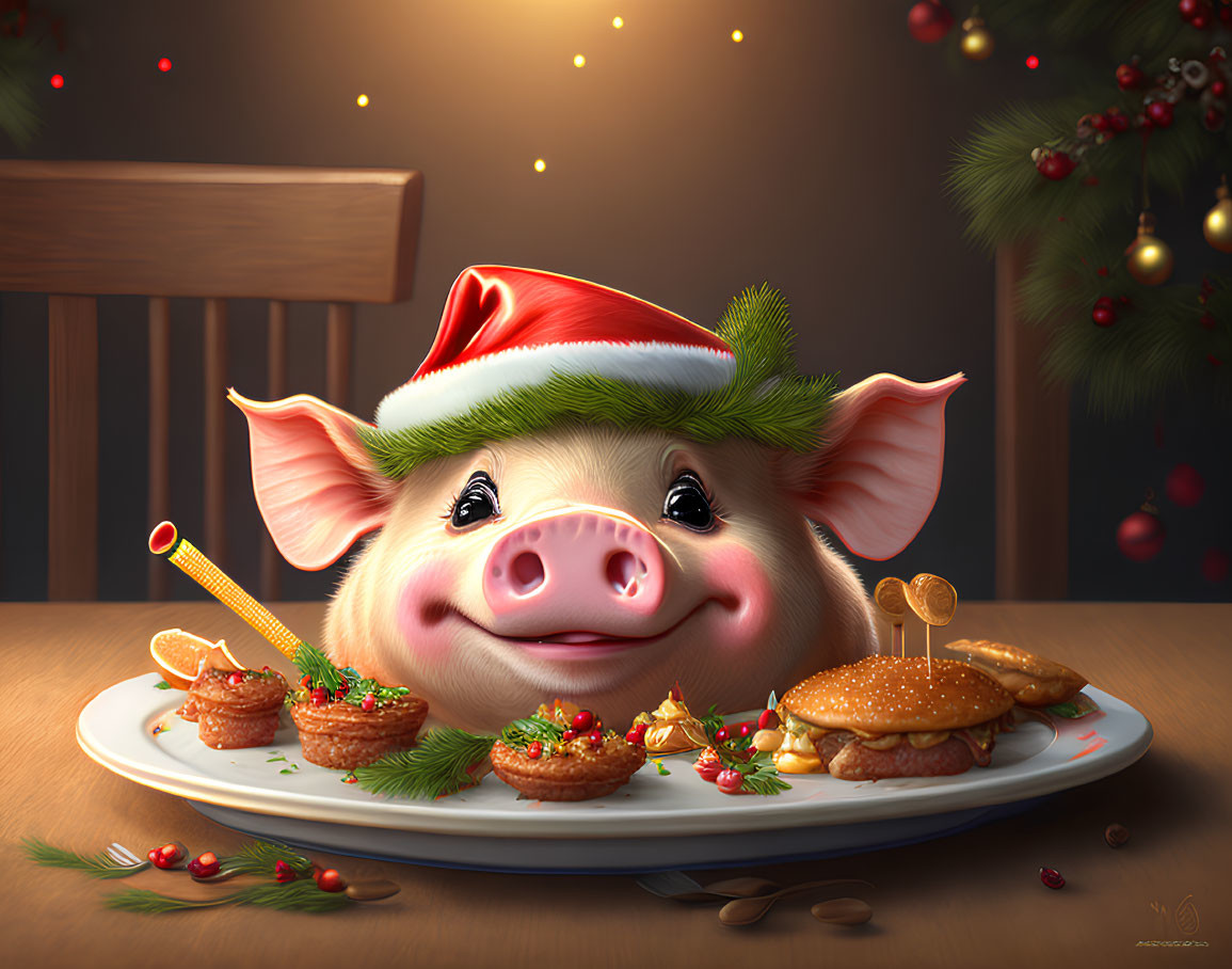 Cheerful Cartoon Pig in Santa Hat Surrounded by Festive Holiday Ambiance