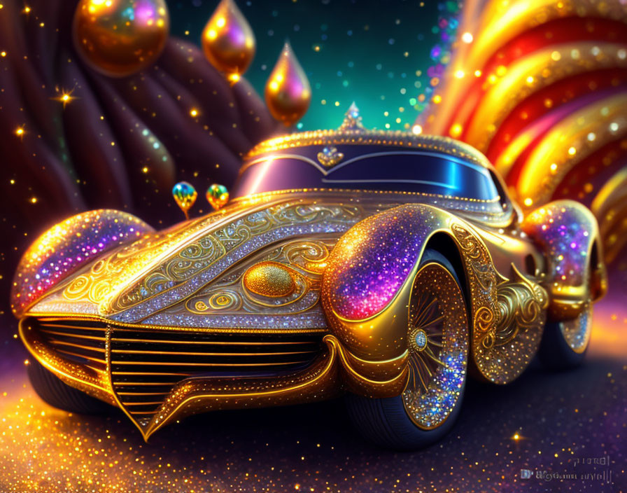 Fantasy-style golden car on vibrant starry night backdrop