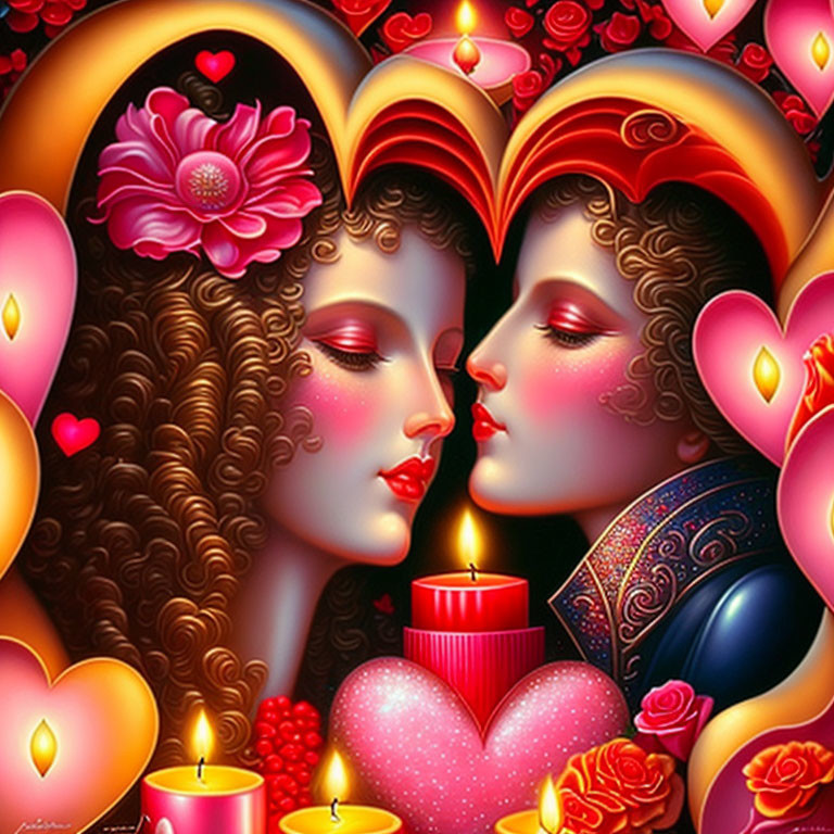 Illustration of stylized faces surrounded by hearts, flowers, and candles