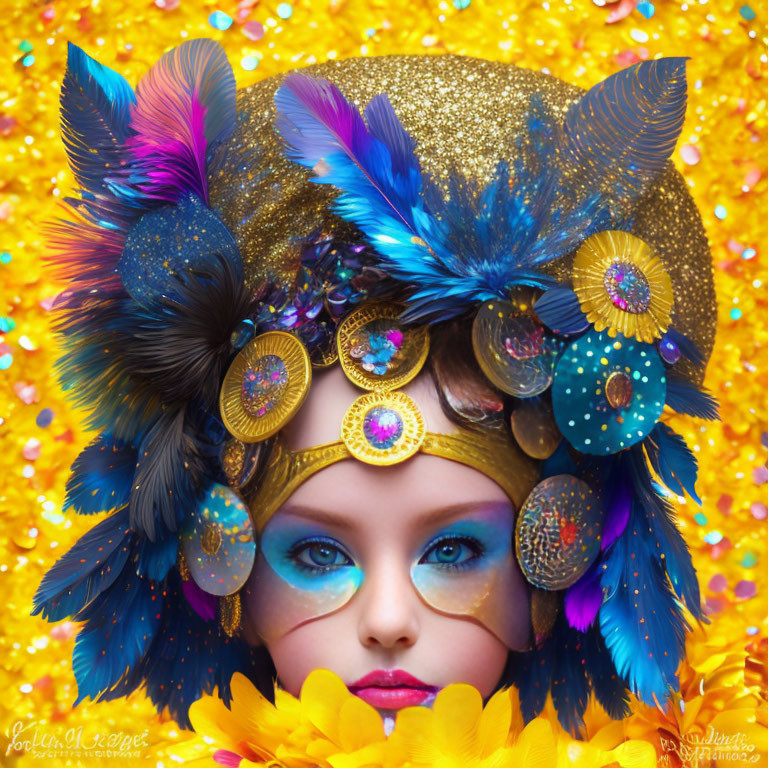 Striking Blue-Eyed Person in Ornate Feather Headdress on Glittery Yellow Background