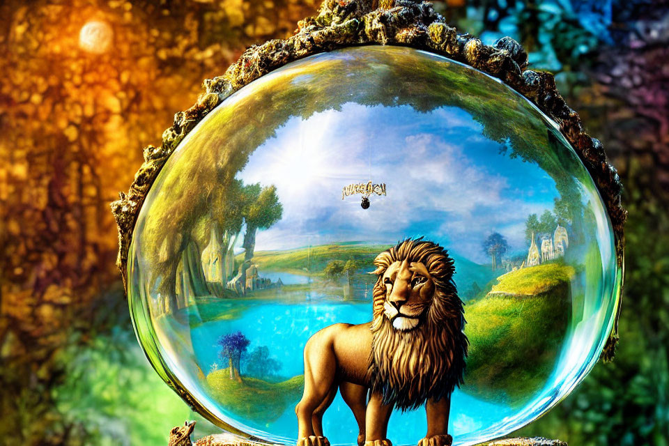 Majestic lion in transparent bubble against vibrant landscape