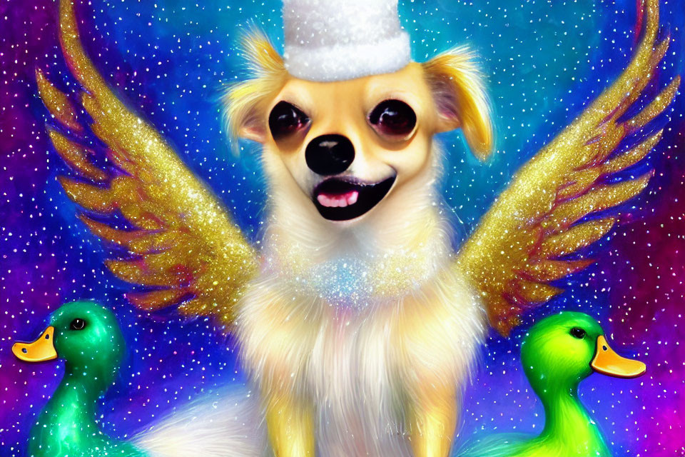 Whimsical digitally altered Chihuahua with angel wings, fez hat, and rubber ducks