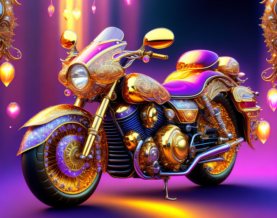 Colorful Ornate Motorcycle with Golden Accents on Vibrant Background