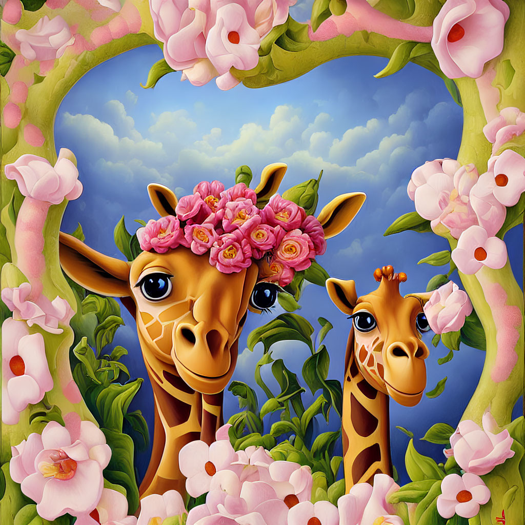 Two animated giraffes with big eyes among pink flowers under blue sky.