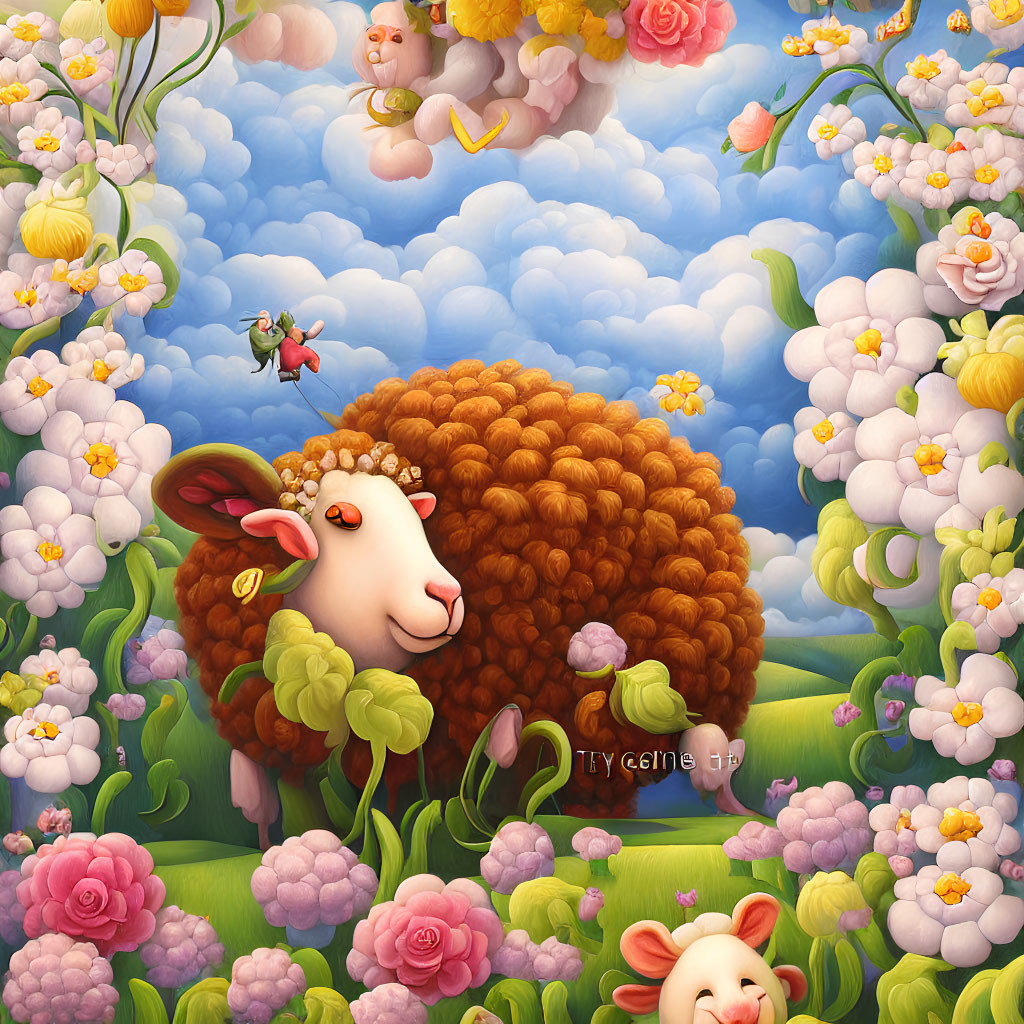 Fluffy sheep surrounded by vibrant flowers and cherubs in whimsical illustration