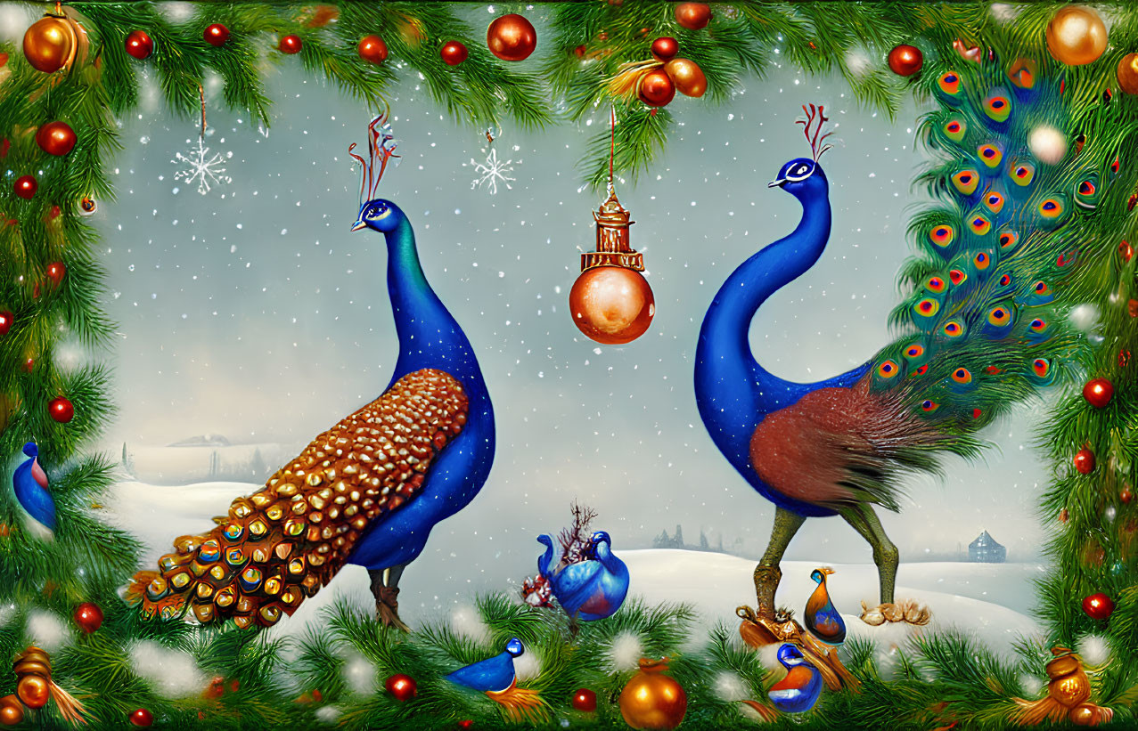 Vibrant peacocks under pine branches with red ornaments in snowy scene.