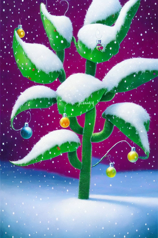 Colorful Christmas tree illustration under snowy night sky