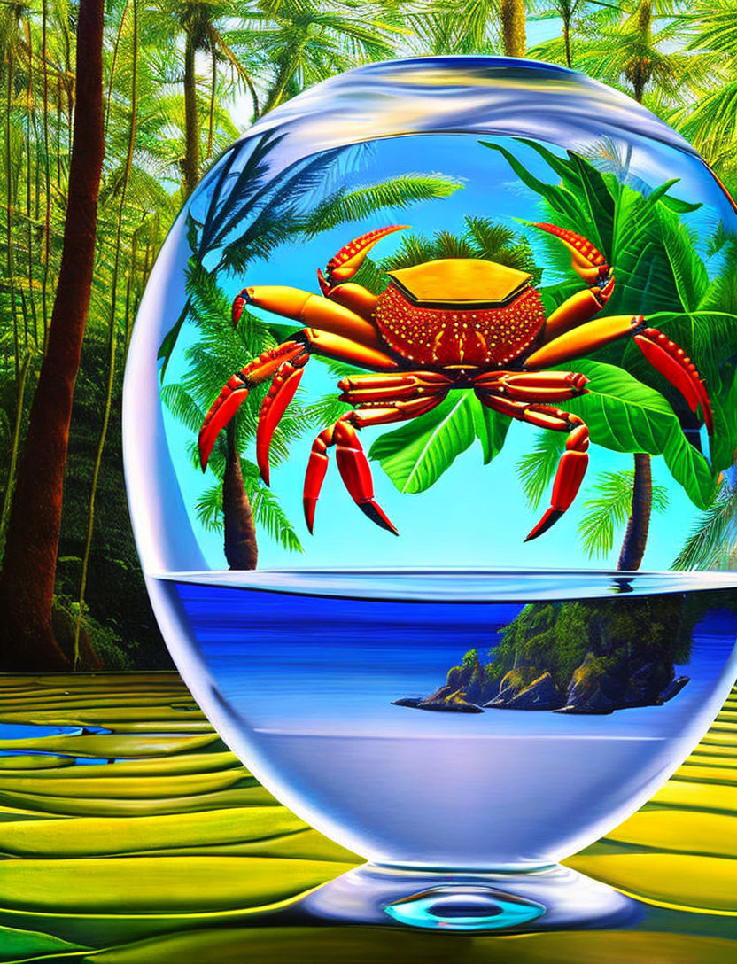 Colorful crystal art with tropical crab and palm tree scene