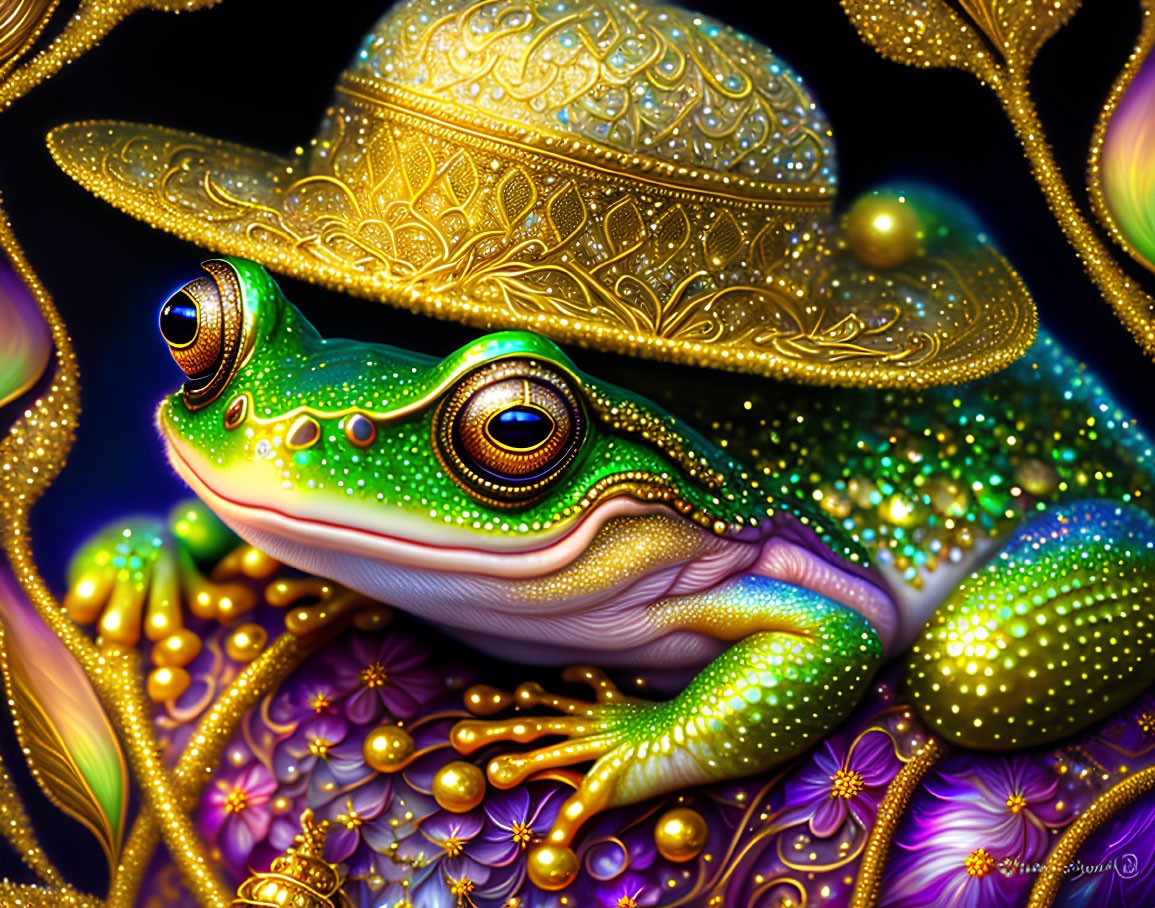 Colorful Frog Illustration with Golden Sombrero on Ornate Background