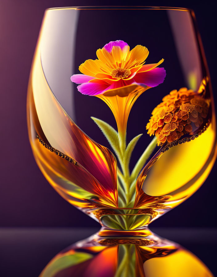 Colorful Flower in Twisted Glass with Purple Background