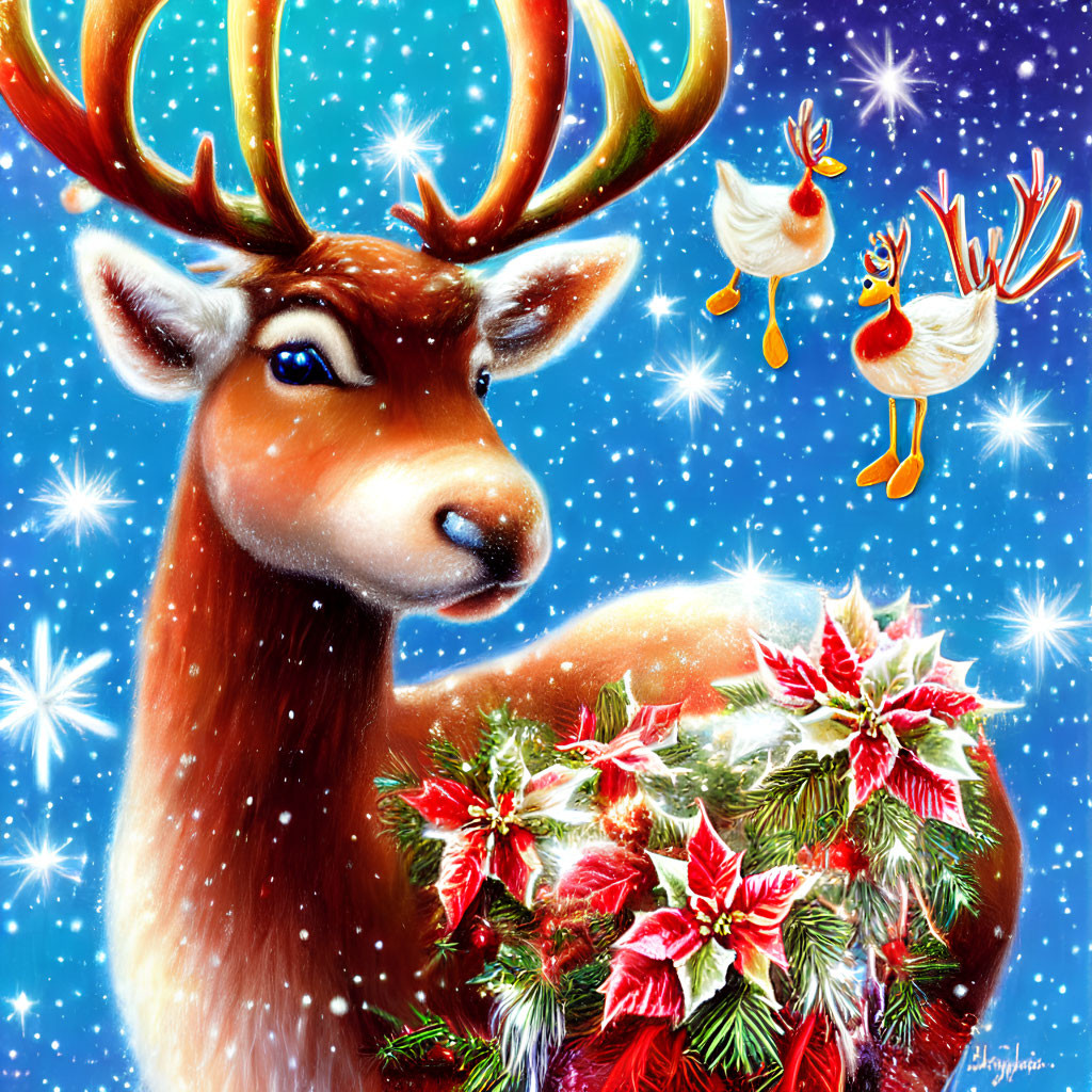 Festive reindeer with sparkling antlers amid flying ornaments and wreath on snowy backdrop