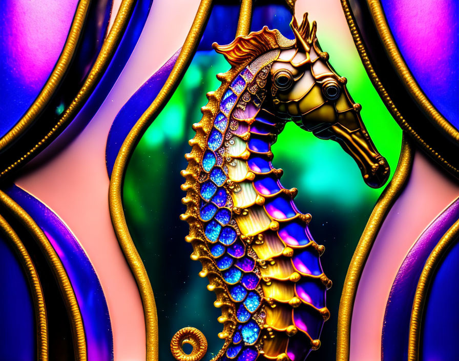 Colorful Stylized Seahorse Artwork with Golden Textures