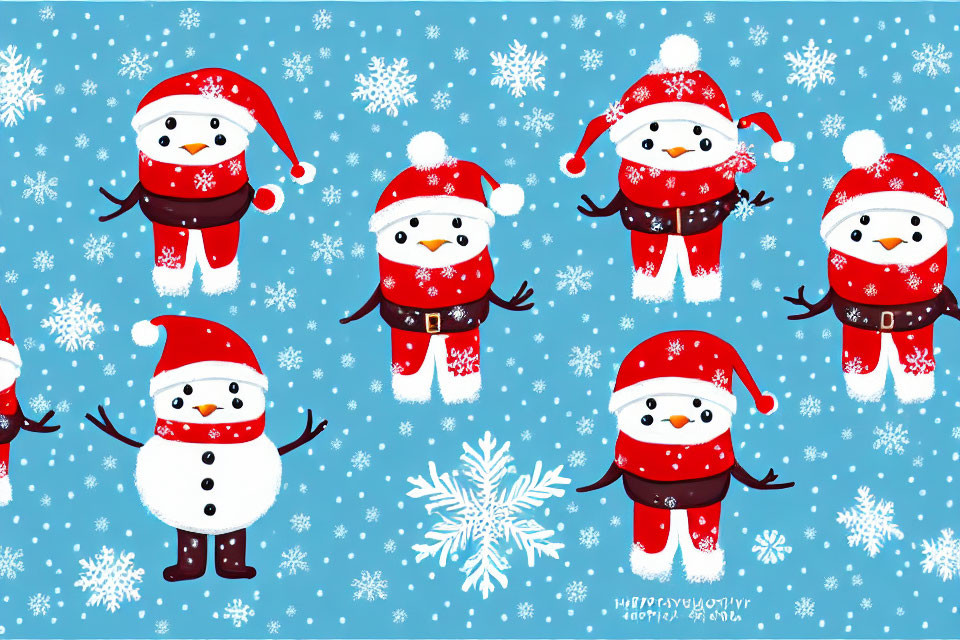 Cartoon snowmen in red hats and scarves on blue snowflake background