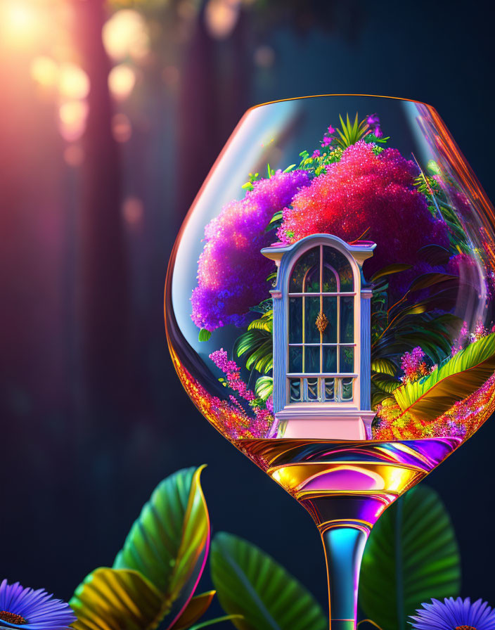 Colorful illustration of a wine glass with a miniature garden and whimsical tree