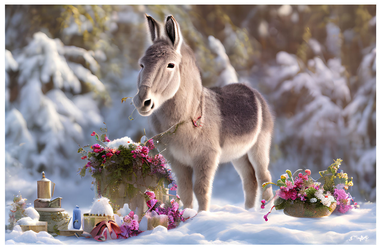 Serene donkey in snowy setting with colorful flowers, kerosene lamp, and books