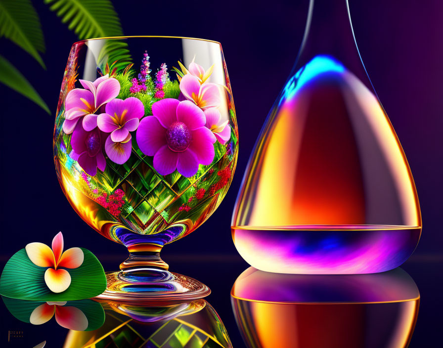 Colorful digital artwork: Glass of flowers and decanter on reflective surface