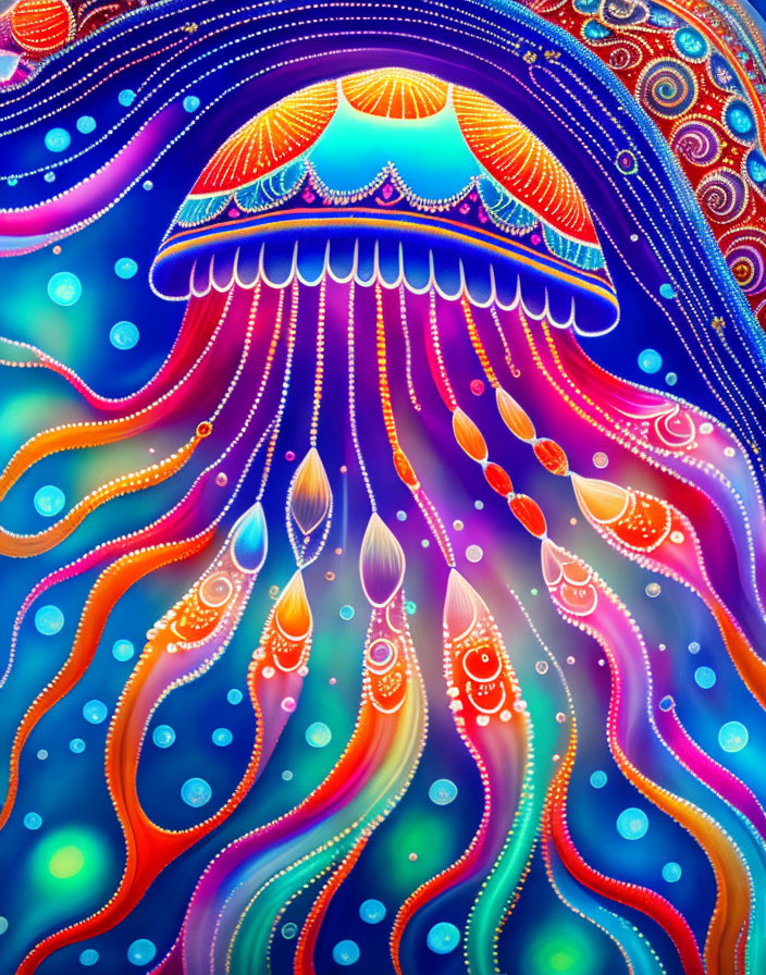 Colorful Psychedelic Jellyfish Illustration on Blue Background