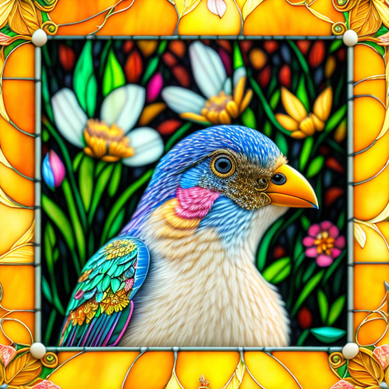 Colorful Bird and Floral Design Stained Glass Window